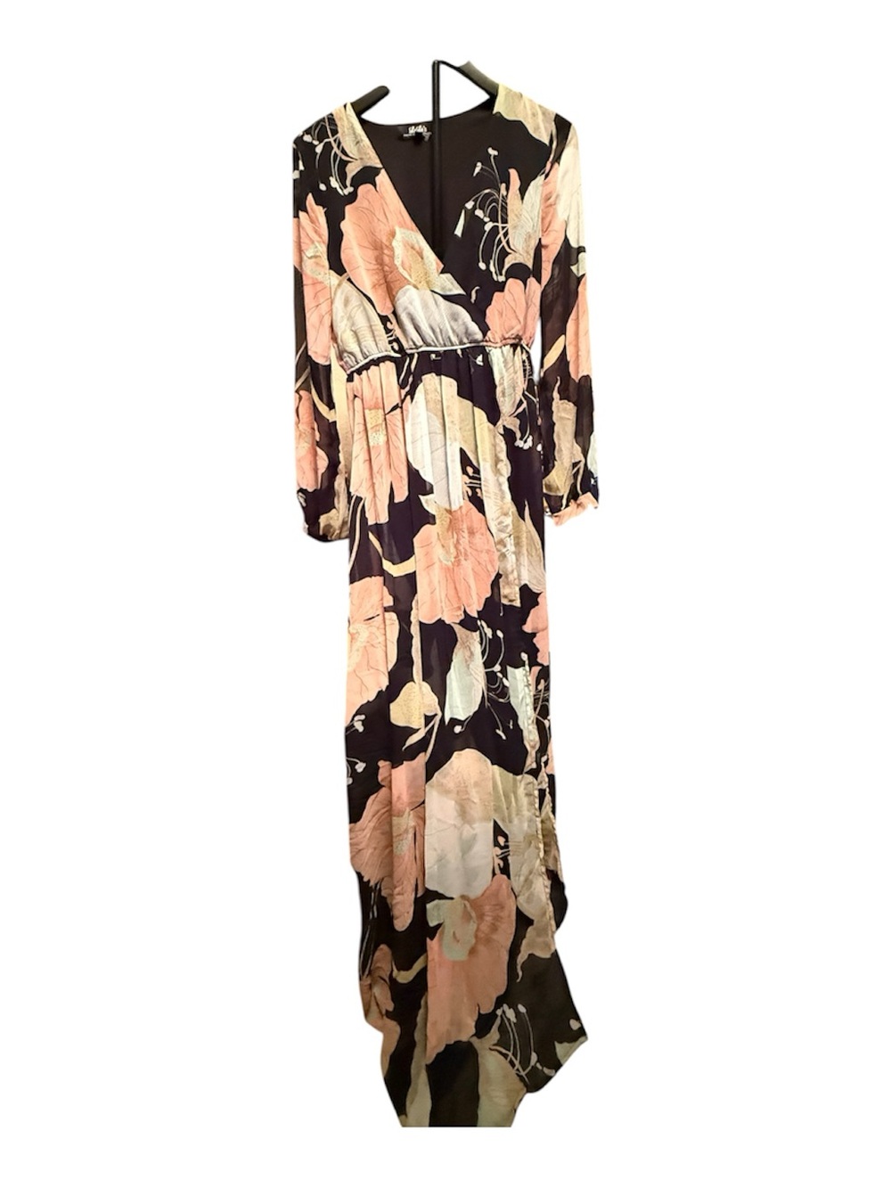 Lulus Floral High Low Maxi Dress Long Sleeve Surplice Black Pink Women’s Large